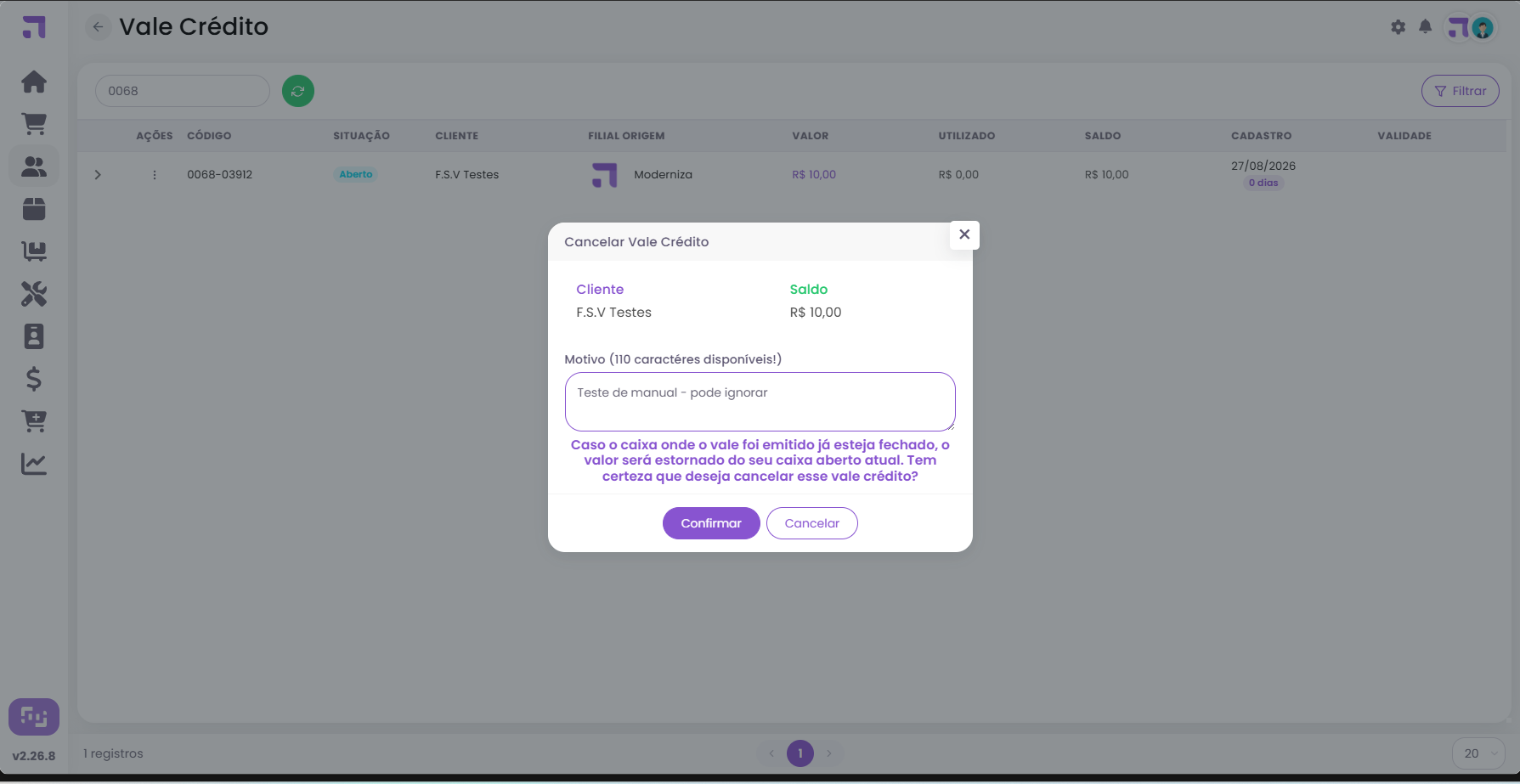 Janela Cancelar Vale Credito com cliente, saldo e motivo