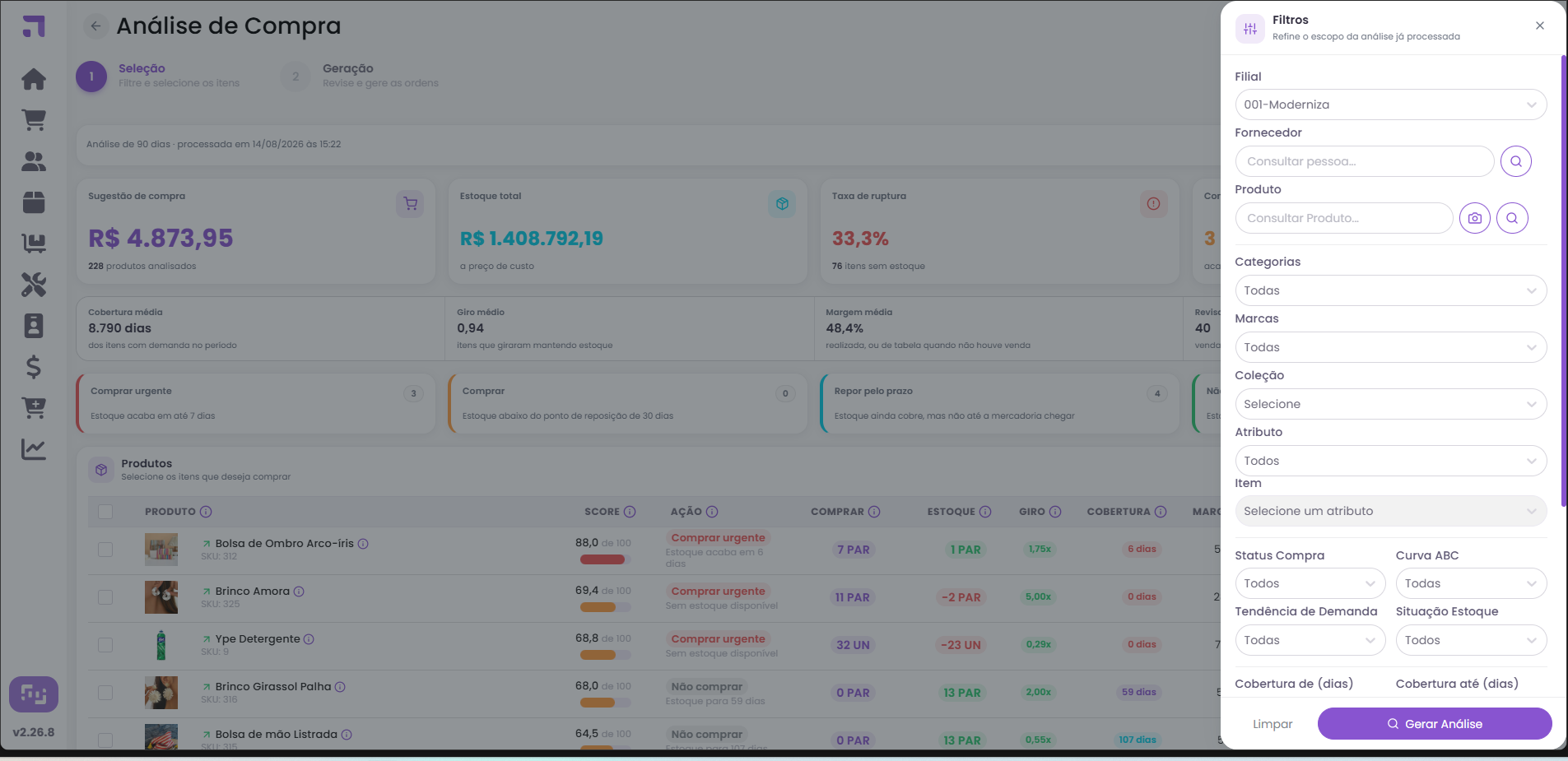 Painel de filtros da Analise de Compra
