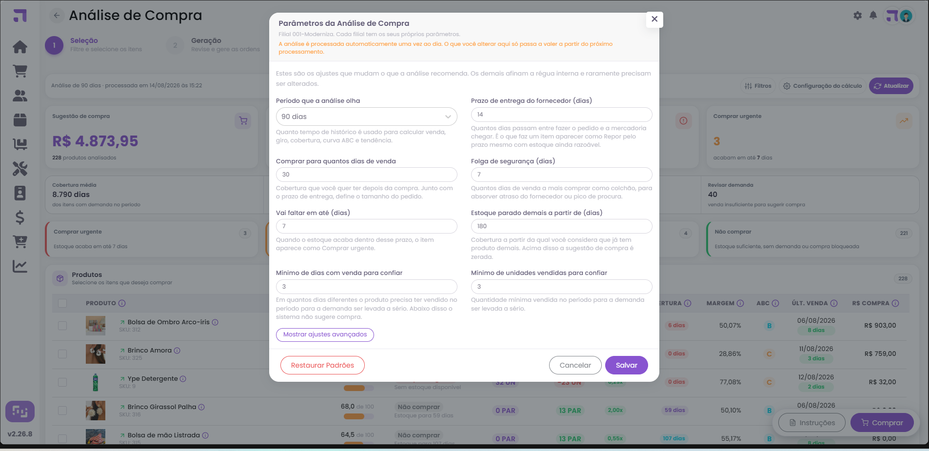 Janela Parametros da Analise de Compra