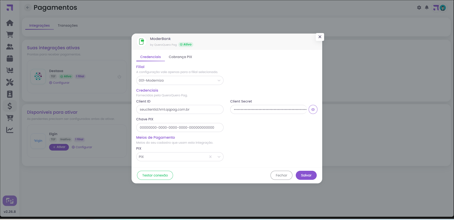 Janela de configuracao do ModerBank na aba Credenciais, com valores de exemplo