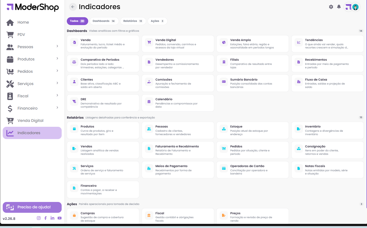 Catalogo de Indicadores com o card DRE na secao Dashboards