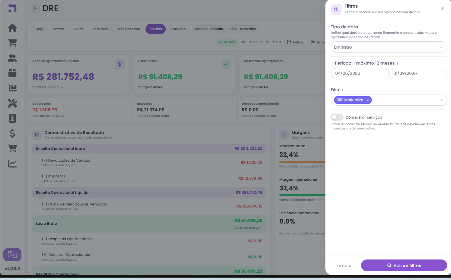 Painel de filtros do DRE com tipo de data, periodo, filiais e considerar servicos