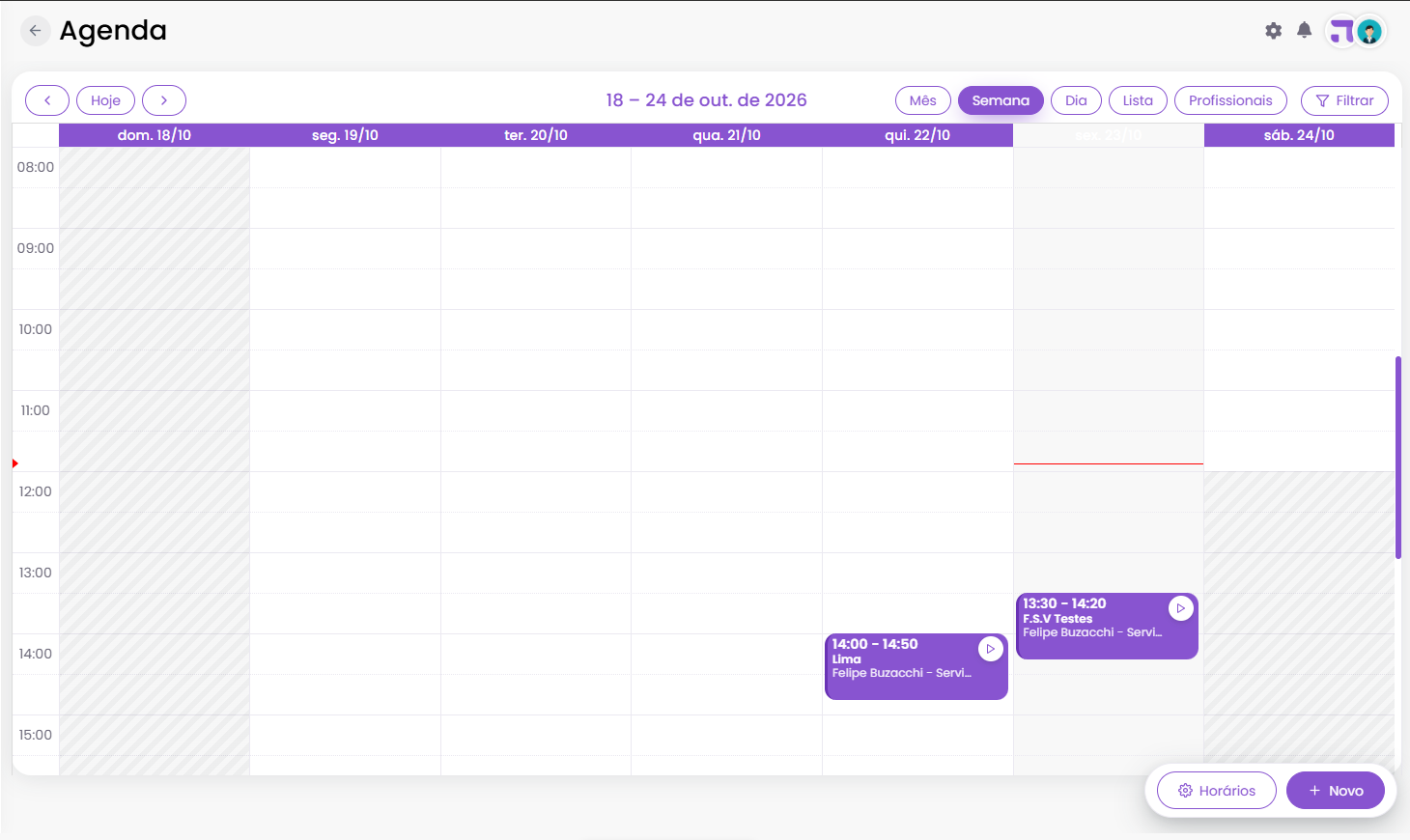 Agenda na visao Semana com faixas de expediente e agendamentos