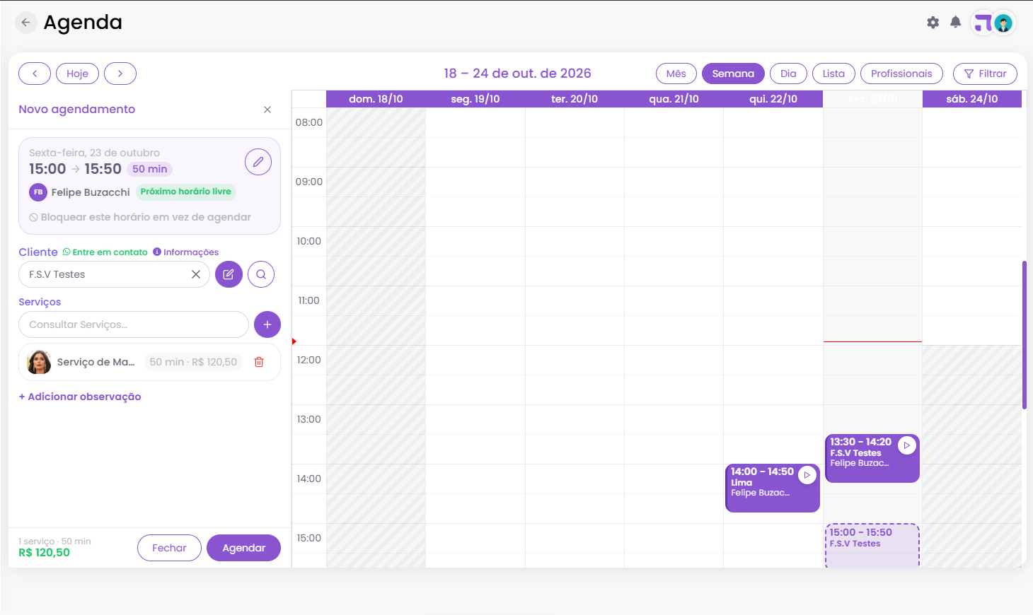Painel Novo agendamento preenchido com o selo de horario livre