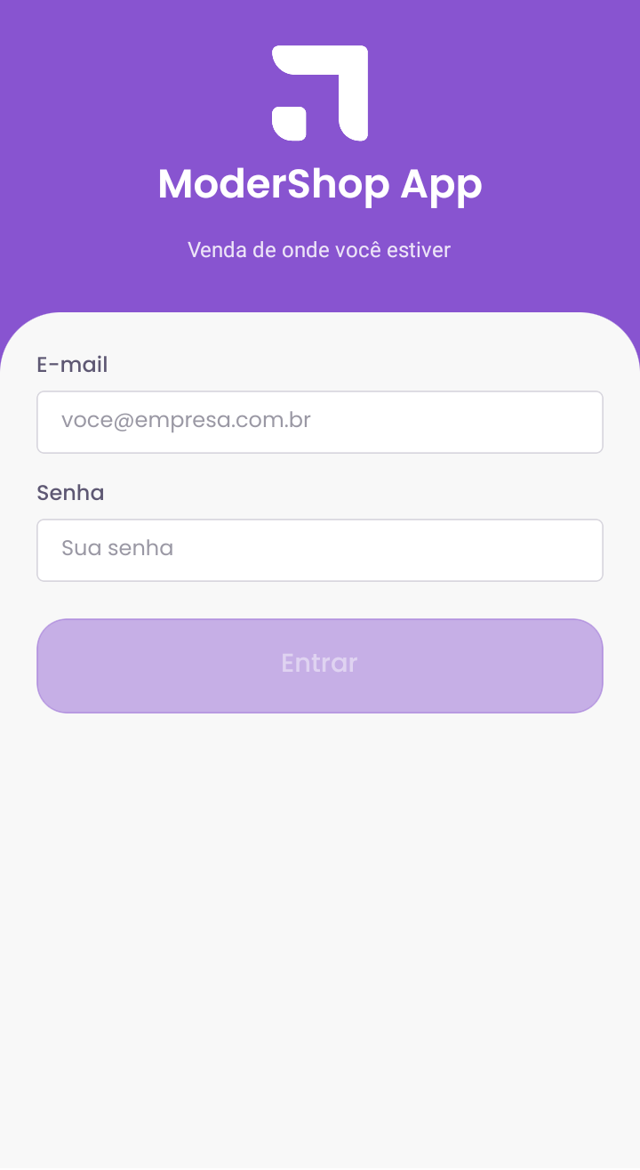 Tela de login do ModerShop PDV na maquininha, com campos de e-mail e senha