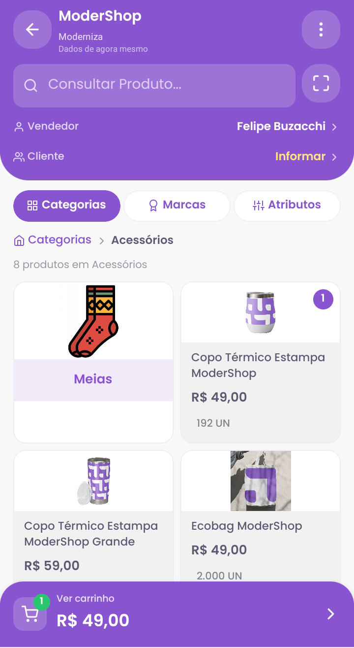 Tela do PDV com produtos da categoria e barra Ver carrinho com o total