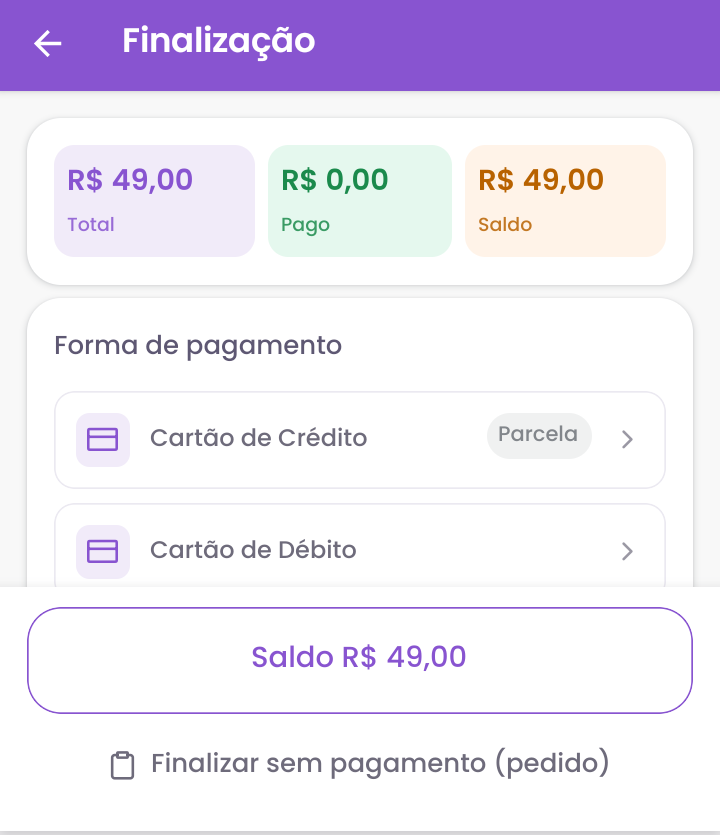 Tela de finalização com Total, Pago, Saldo e formas de pagamento