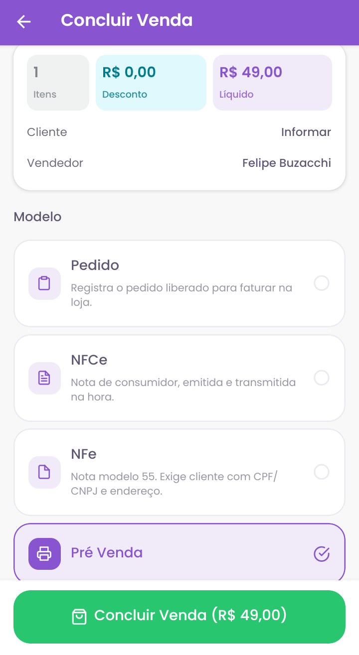 Escolha do modelo do documento: Pedido, NFCe, NFe e Pré Venda