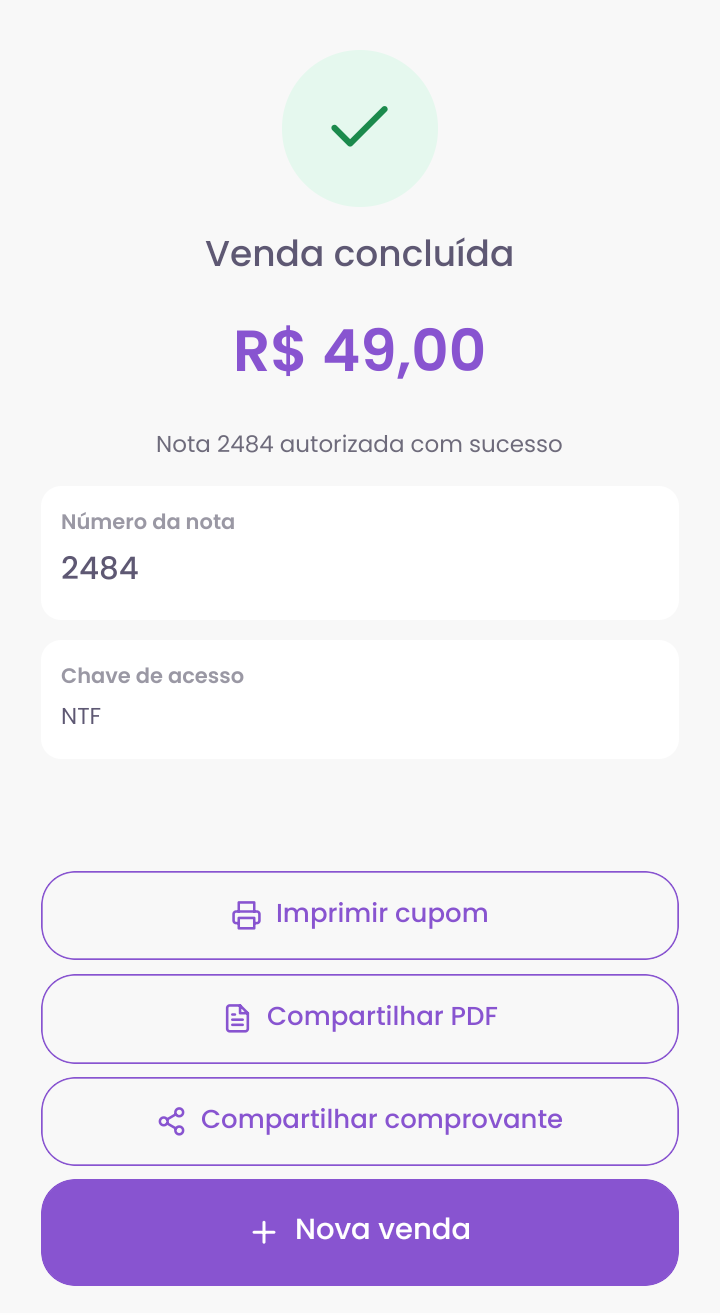 Tela de venda concluída com número da nota e botões de impressão e compartilhamento