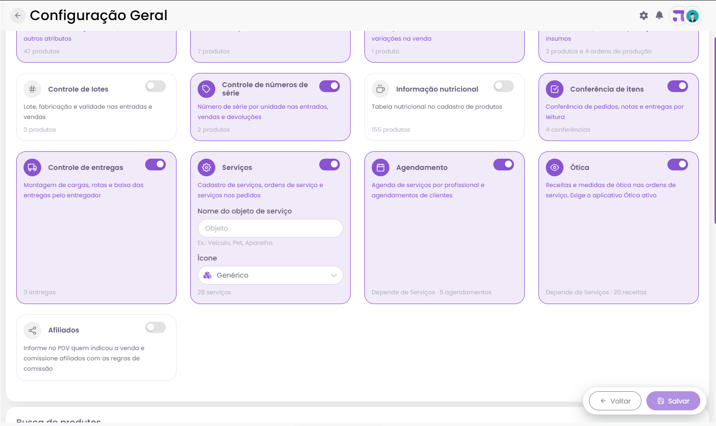 Quadro de modulos da Configuracao Geral com o modulo Agendamento ativo