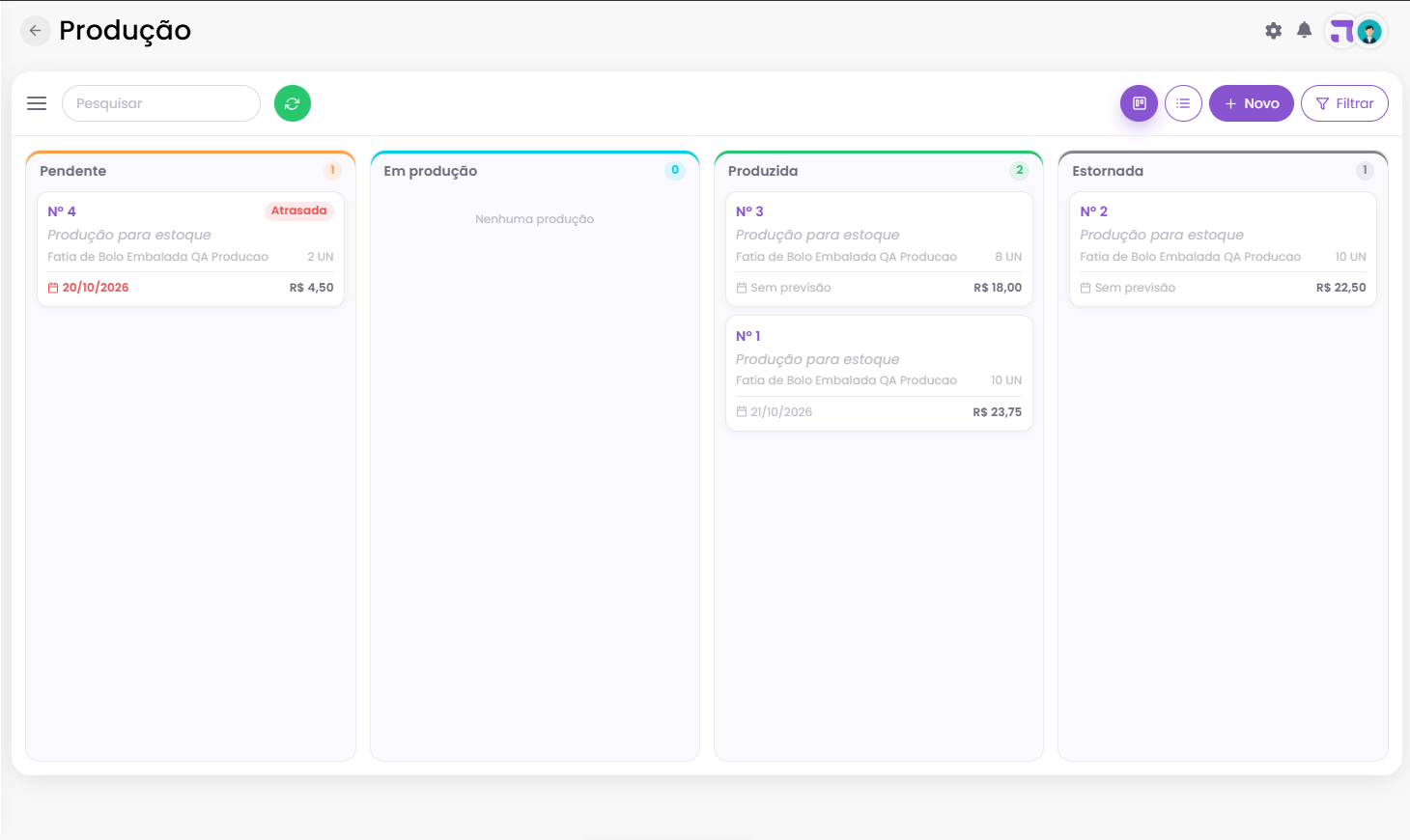 Visao kanban da producao com as colunas Pendente, Em producao, Produzida e Estornada