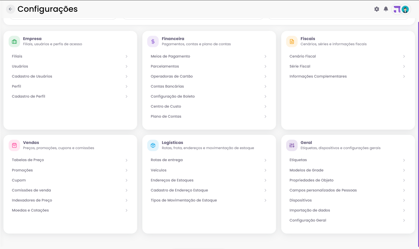 Configuracoes com o grupo Logisticas e o item Rotas de entrega