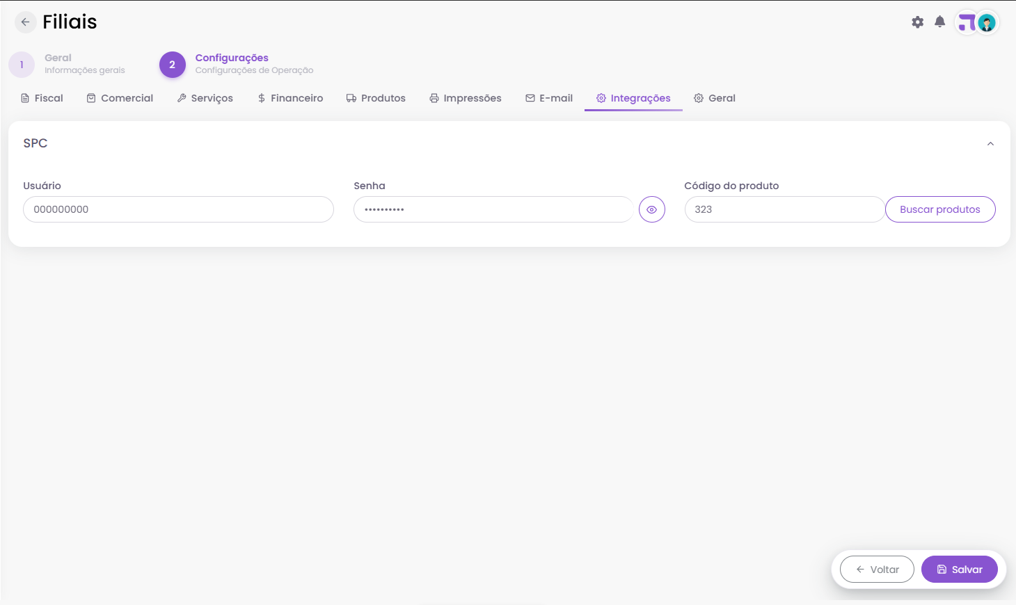 Quadro SPC na aba Integracoes da filial com usuario, senha e codigo do produto
